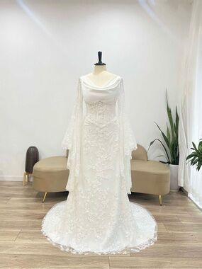 Boho Ivory Lace Bridal Wedding Gown with Draped Cowl Neck & Dramatic Bell Sleeve